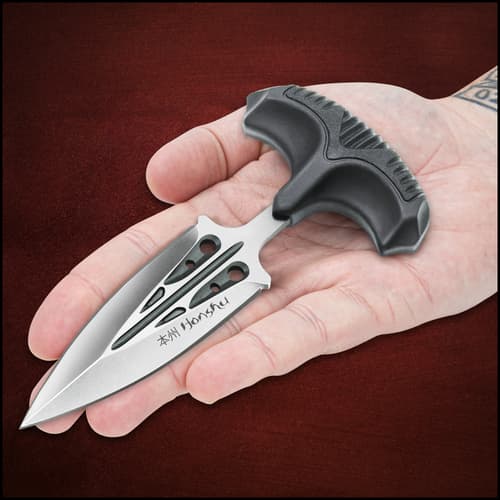 Honshu Large Covert Defense Push Dagger And Sheath - 7Cr13 Stainless Steel Blade, Molded TPR Handle - Length 5 7/8”