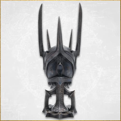 Back view of Sauron's helmet on a stand