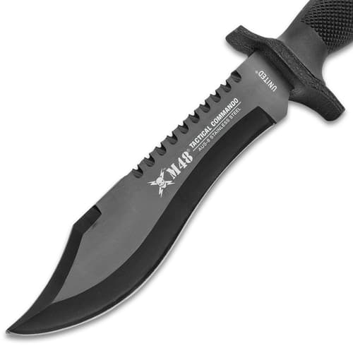 Close-up of a black tactical knife blade