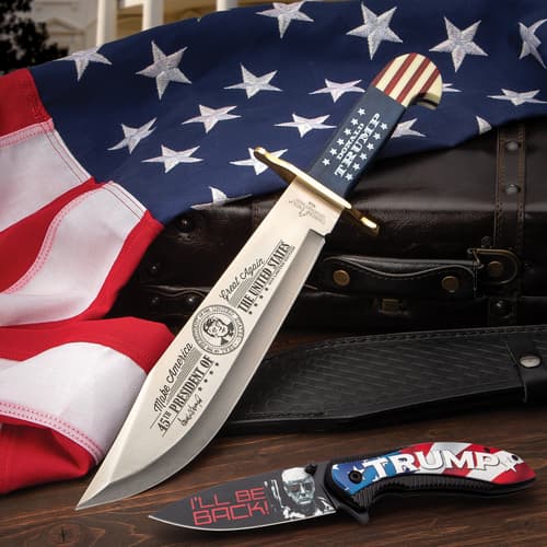 Knives with inscriptions on American flag and leather case