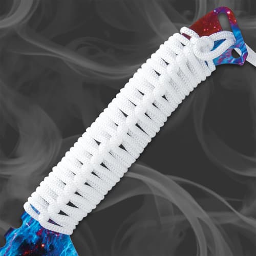 White cord-wrapped handle of a cosmic-themed sword