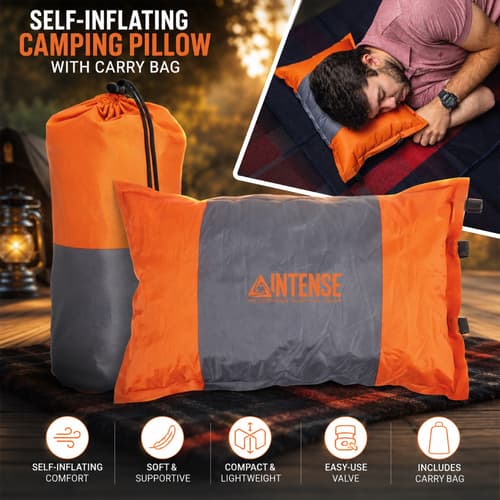 Self-inflating camping pillow with carry bag