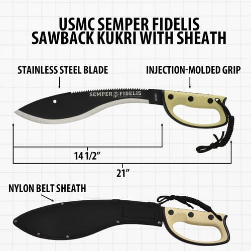 Diagram of USMC Semper Fidelis sawback kukri with sheath