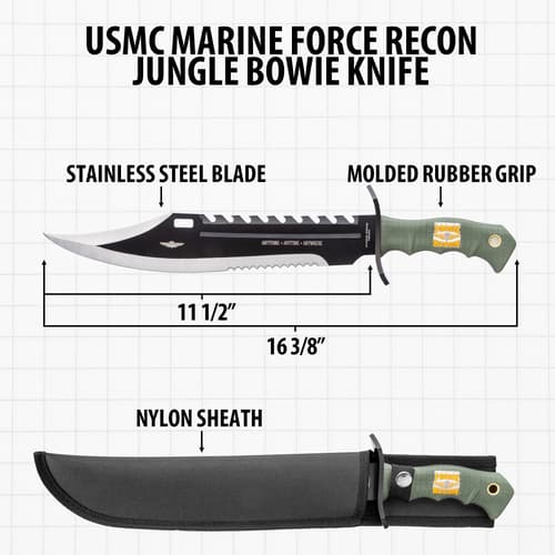 Bowie knife with dimensions and sheath details