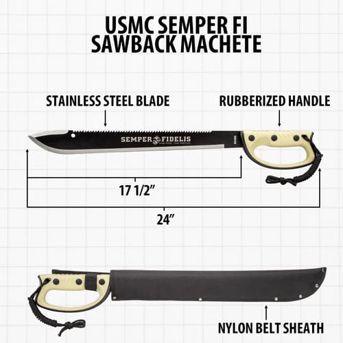 Diagram of USMC machete with dimensions and sheath