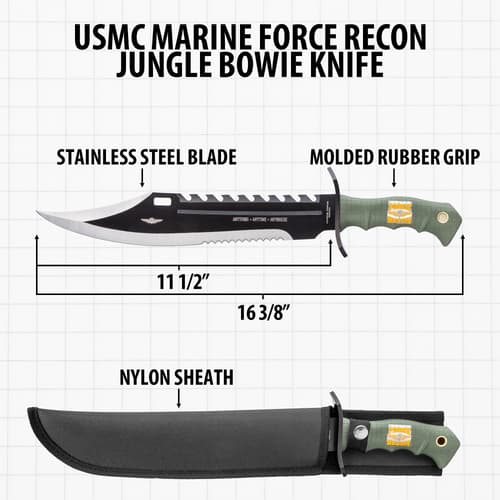 USMC Jungle Bowie Knife with dimensions and nylon sheath