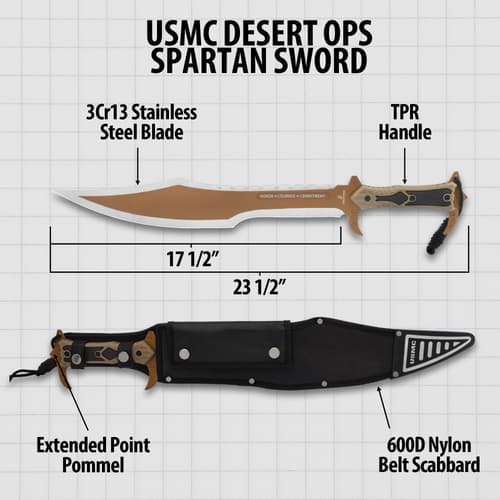 USMC Desert Ops Spartan Sword with sheath and specs