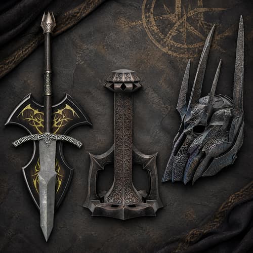 Medieval sword, shield, and helmet with intricate designs on a wooden chest