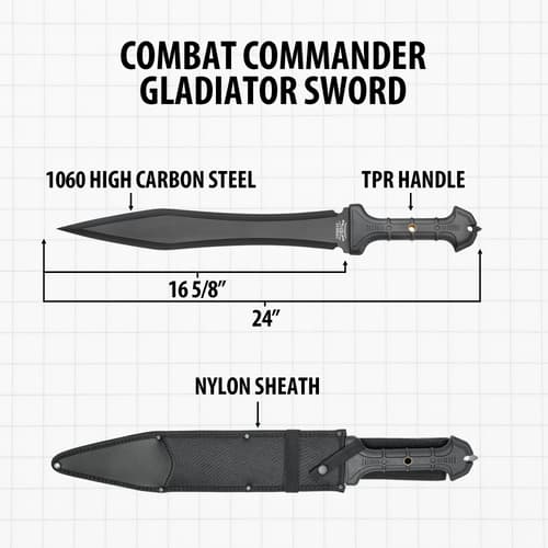 Diagram of Combat Commander Gladiator Sword with dimensions and sheath