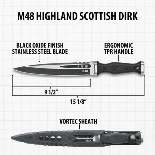 Diagram of M48 Highland Scottish Dirk with dimensions and sheath