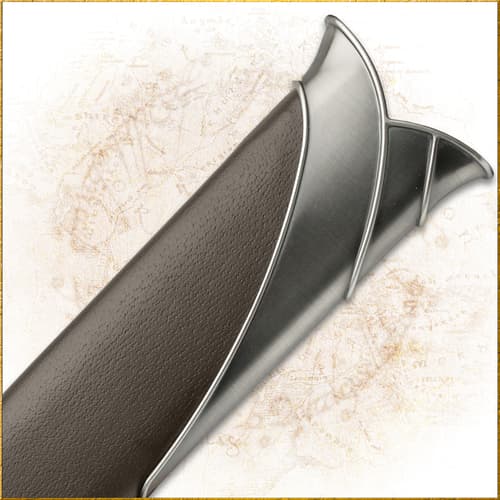 Close-up of the Sting scabbard's textured brown wrap and sweeping silver-tone metal throat fitting