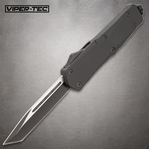 Side view of Viper Tec Ghost Series Black Tanto OTF Knife revealing the blade