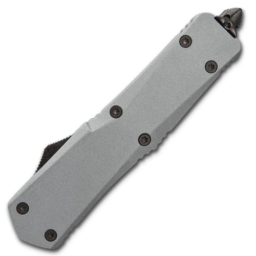 Ghost Series Grey Tanto OTF Knife - Stainless Steel Blade, Metal Alloy Handle, Pocket Clip - Length 9”