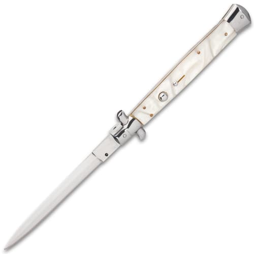 The 7 1/4” closed pocket knife has faux pearl handle scales, and the push button and slide lock are conveniently on top