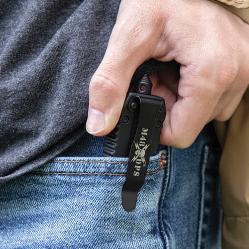 OTF tanto pocket knife with a silver and black single-edged blade with thru-holes and a "M48" logo inscribed in silver.