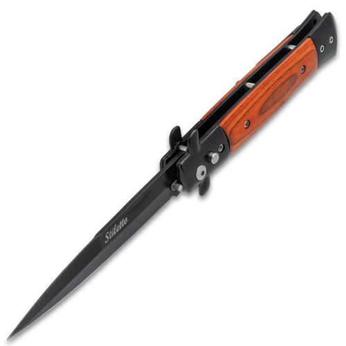 The Gangster's Edge Automatic Stiletto Pocket Knife, elegantly opened at an angle, showcasing its 3 7/8" black coated stainless steel blade and wood inlaid handle.