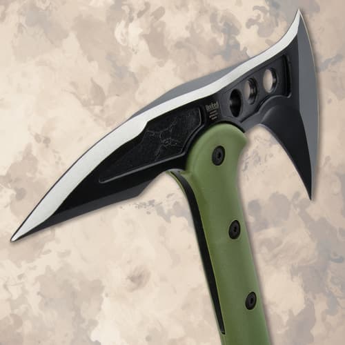 Close-up of the tomahawk's blade and green handle