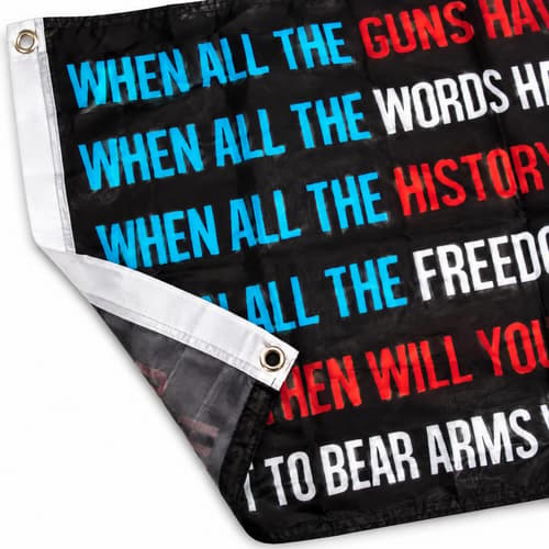 Black flag with bold text in blue, red, and white, partially folded