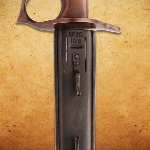 Close-up of sheath with 1918 engraving on trench knife