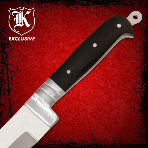 Close-up of Arabian Khyber Bowie Knife handle with black ABS inserts and stainless pins