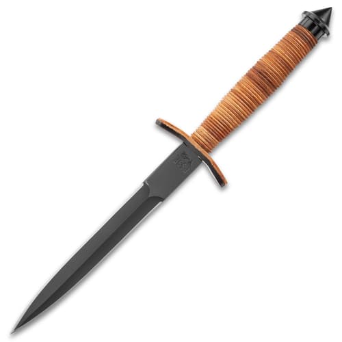 12 5/8" stiletto dagger knife with double-edged black blade and natural stacked leather handle.