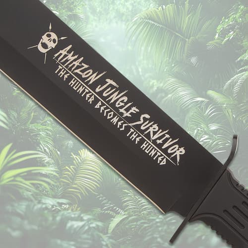 Close-up of knife blade with engraved text