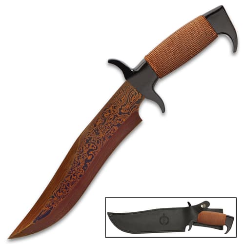 Hibben HellFyre Highlander Bowie Knife With Sheath - HellFyre Damascus Steel, Wire-Wrapped Handle, Black Metal Pommel And Guard - Length 13 1/2”