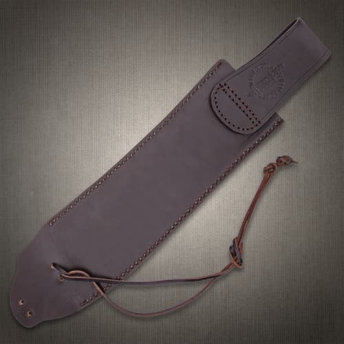 Brown leather sheath with stitching and strap