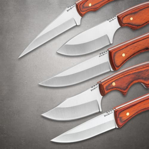 Close-up view of five Ridge Runner knife blades arranged artistically