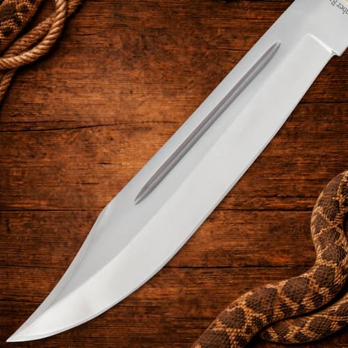 Close-up of the Bowie knife's stainless steel blade