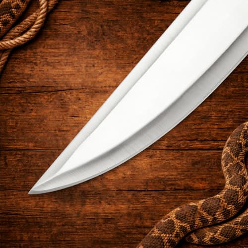 Close-up of machete's stainless steel blade tip