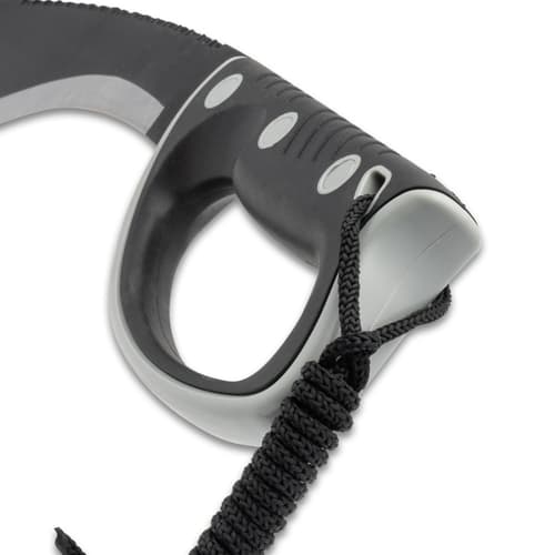 Close-up of kukri handle with looped cord lanyard