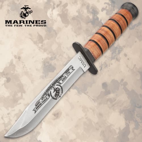 Full view of USMC knife with engraved blade