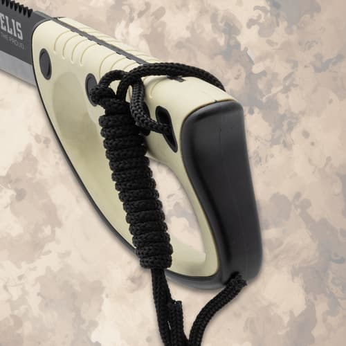 Close-up of kukri handle with black cord wrap