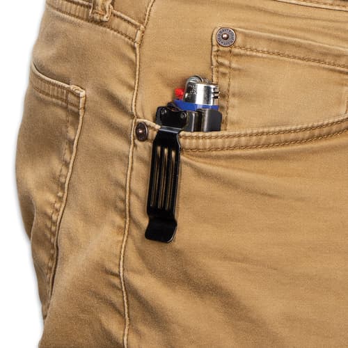 Khaki pants pocket holding closed black pocket knife caddy with blue lighter with black pocket clip securing the caddy to the pocket.