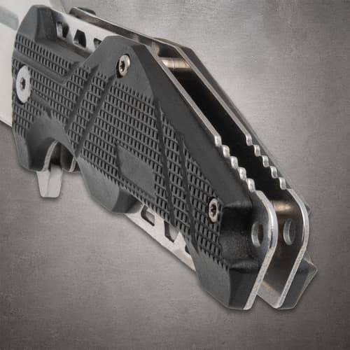 Close-up of the textured handle of a folding knife
