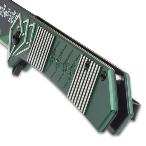 Close-up of knife handle with striped design