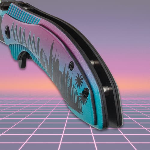 Close-up of knife handle with Miami skyline design