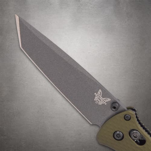 Close-up of gray knife blade with Benchmade logo