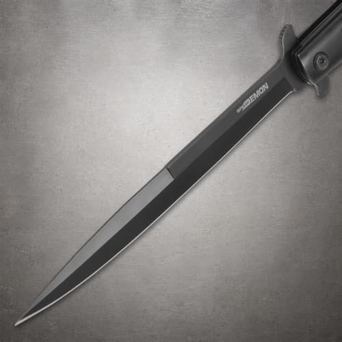 Close-up of the Ridge Runner Speed Demon knife's black stainless steel blade