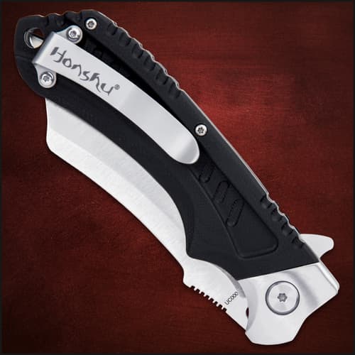 The cutting edge pocket knife is 4 7/8” when closed, and has a spring hardened, bead-blasted stainless steel pocket clip