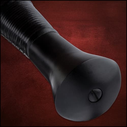 It has a sharp 30 4/5”, 1065 high carbon steel blade with a black finish, which extends from a polished black handguard