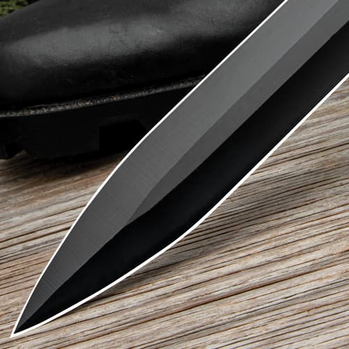 The sword has a genuine, stacked leather handle, complemented by a black, stainless steel guard and end-cap