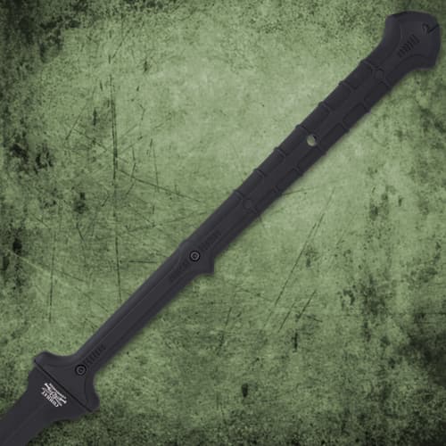 The sword has a full-tang 20”, 1065 carbon steel blade with a black hard-coating finish