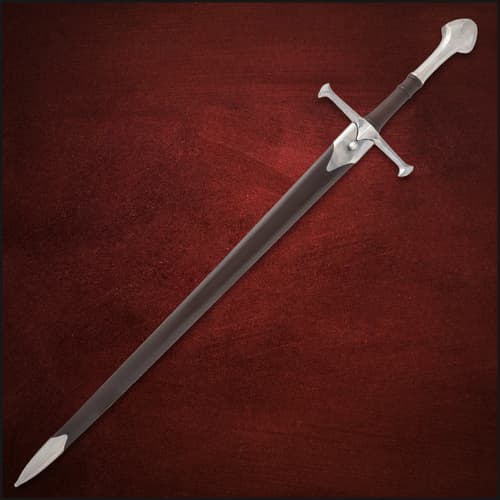 Longsword sheathed in scabbard on red background