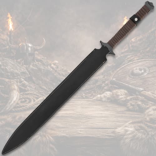 Sword in black scabbard with leather-wrapped handle