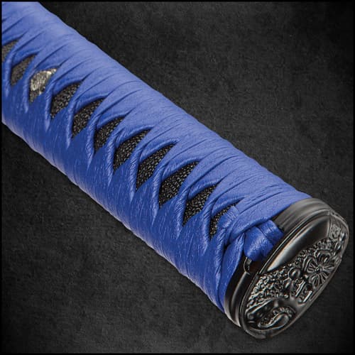 Shinwa Azure Sea Lily Handmade Katana - Hand Forged Blue 1045 Carbon Steel Blade, Blue Leather - Wooden Display Stand