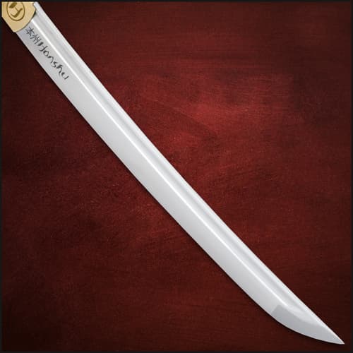 Close-up of tanto blade with engraved text on red background
