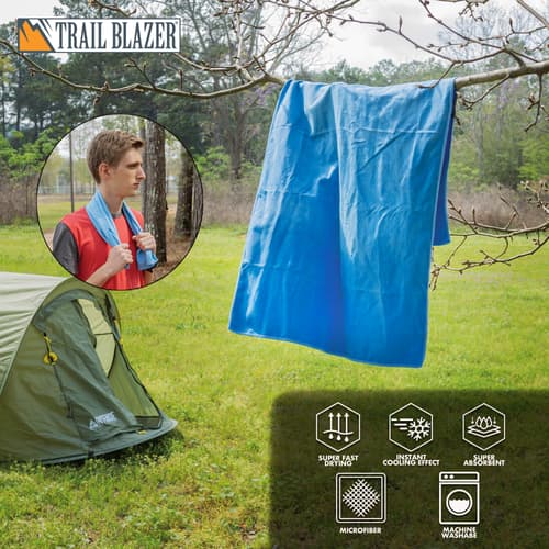 Blue microfiber towel hanging on a tree branch