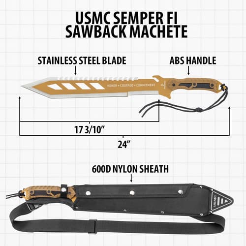 Diagram of tan USMC machete with dimensions and sheath